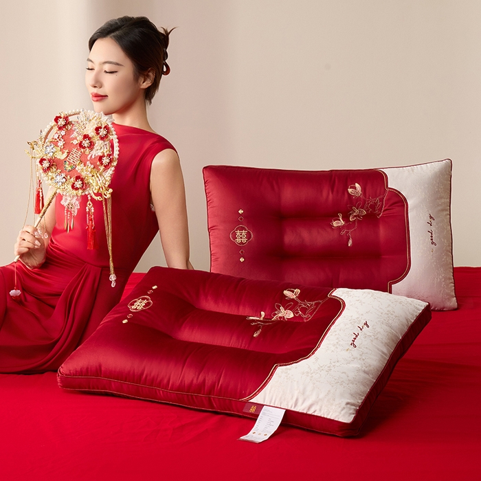 昕科 2026新款玉兰喜事婚庆枕-大红婚庆喜庆枕芯刺绣结婚枕头 玉兰喜事-中枕/一对装