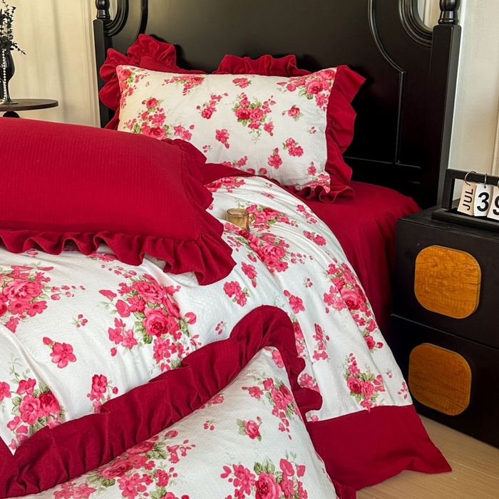 91家纺网 家纺一手货源 找家纺 （总）贝凯瑞 2026仿棉皱皱纱双层纱木棉仿棉水洗棉喜庆浪漫大红四件套-锦绣