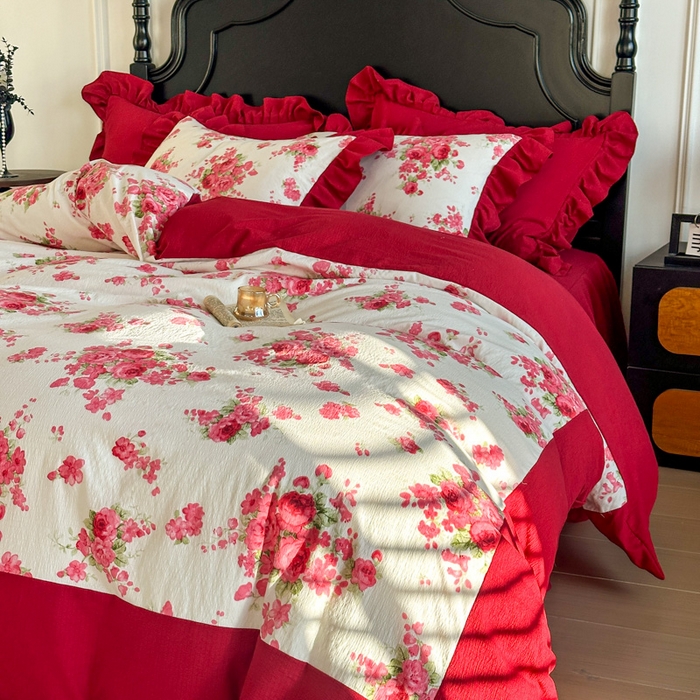 91家纺网 家纺一手货源 找家纺 （总）贝凯瑞 2026仿棉皱皱纱双层纱木棉仿棉水洗棉喜庆浪漫大红四件套-锦绣