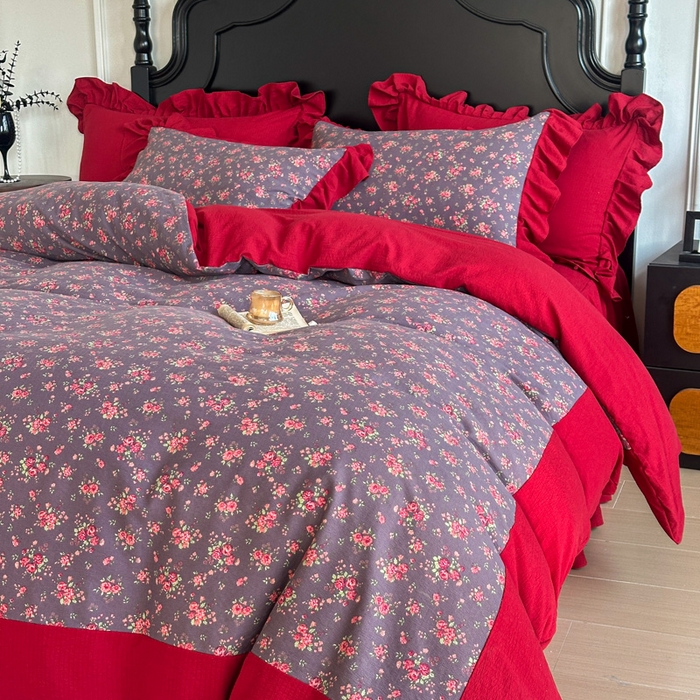 91家纺网 家纺一手货源 找家纺 （总）贝凯瑞 2026仿棉皱皱纱双层纱木棉仿棉水洗棉喜庆浪漫大红四件套-锦绣