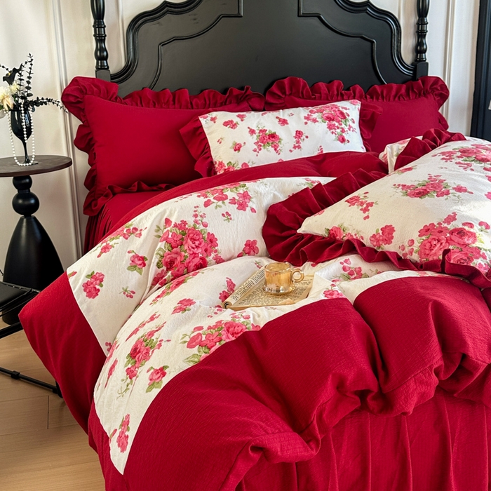 91家纺网 家纺一手货源 找家纺 贝凯瑞 2026仿棉皱皱纱双层纱木棉仿棉水洗棉喜庆浪漫大红四件套-锦绣 锦绣红妆