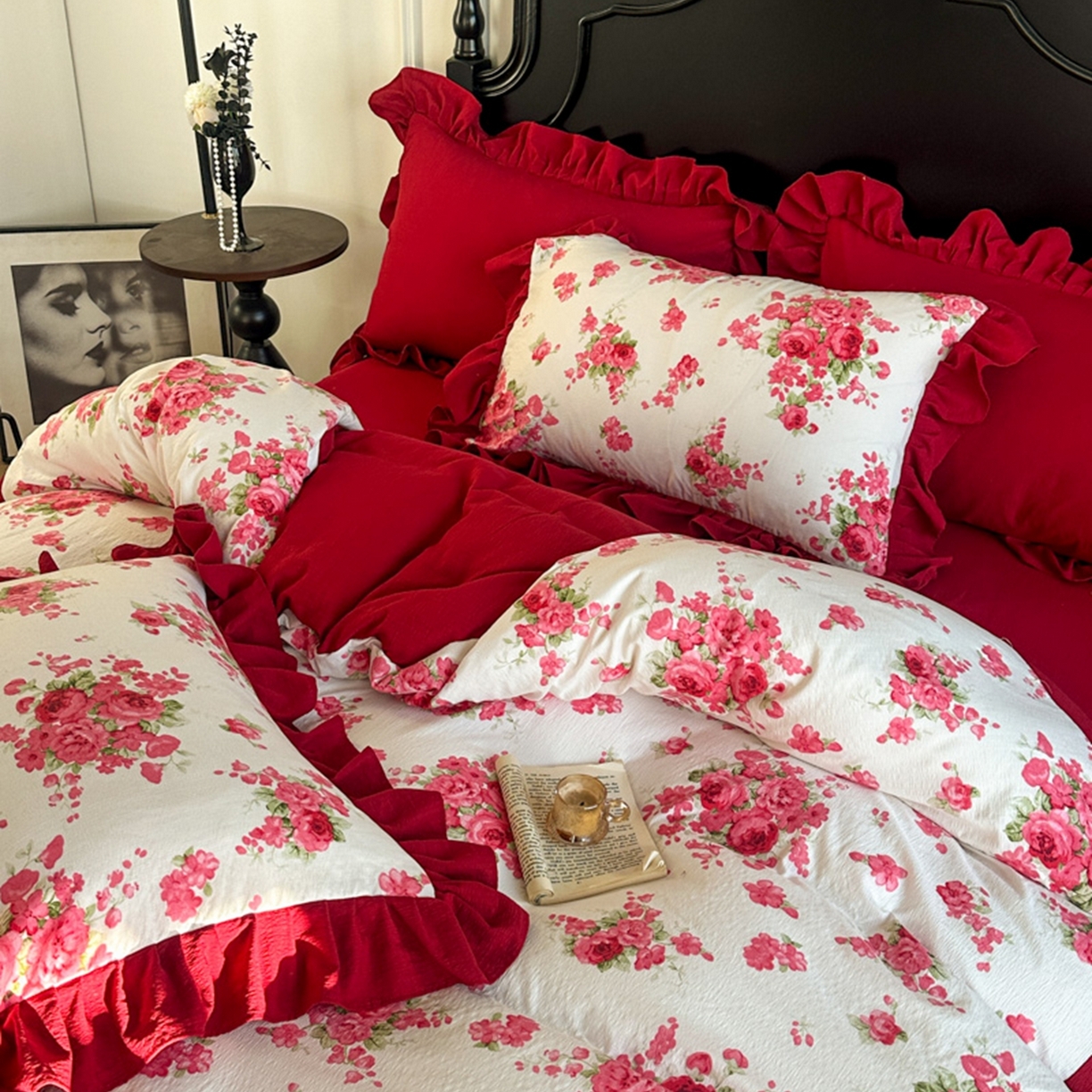 91家纺网 家纺一手货源 找家纺 贝凯瑞 2026仿棉皱皱纱双层纱木棉仿棉水洗棉喜庆浪漫大红四件套-锦绣 锦绣红妆