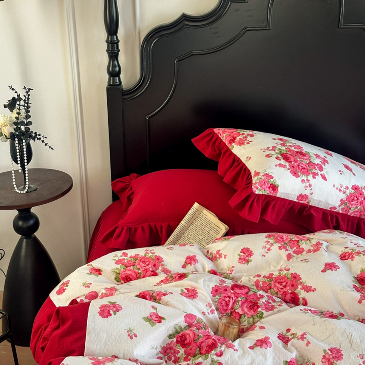 91家纺网 家纺一手货源 找家纺 贝凯瑞 2026仿棉皱皱纱双层纱木棉仿棉水洗棉喜庆浪漫大红四件套-锦绣 锦绣红妆