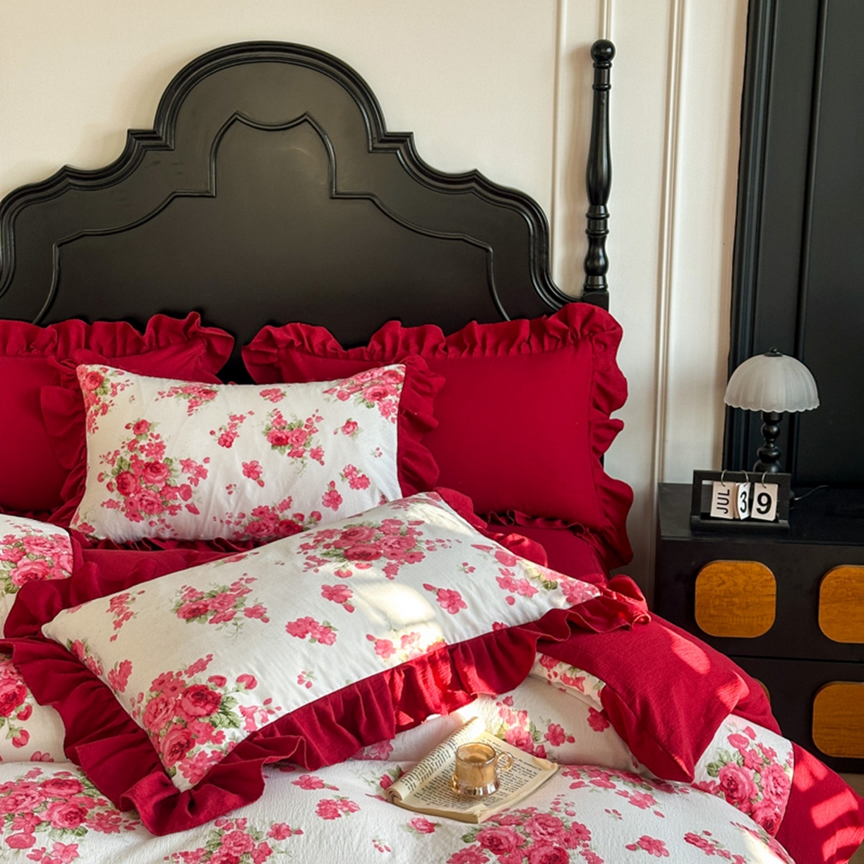 91家纺网 家纺一手货源 找家纺 贝凯瑞 2026仿棉皱皱纱双层纱木棉仿棉水洗棉喜庆浪漫大红四件套-锦绣 锦绣红妆