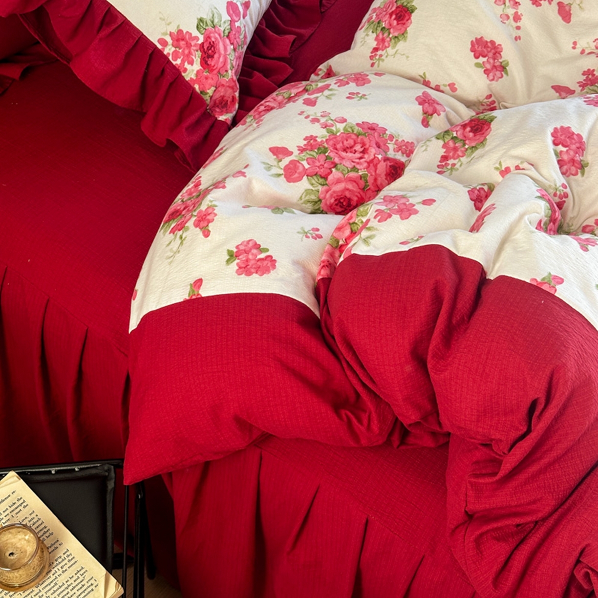 91家纺网 家纺一手货源 找家纺 贝凯瑞 2026仿棉皱皱纱双层纱木棉仿棉水洗棉喜庆浪漫大红四件套-锦绣 锦绣红妆