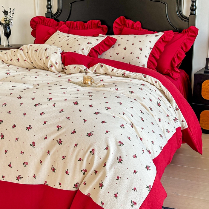 贝凯瑞 2026仿棉皱皱纱双层纱木棉仿棉水洗棉喜庆浪漫大红四件套-锦绣 锦绣良缘