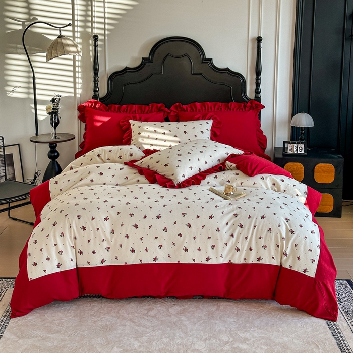 91家纺网 家纺一手货源 找家纺 贝凯瑞 2026仿棉皱皱纱双层纱木棉仿棉水洗棉喜庆浪漫大红四件套-锦绣 锦绣良缘