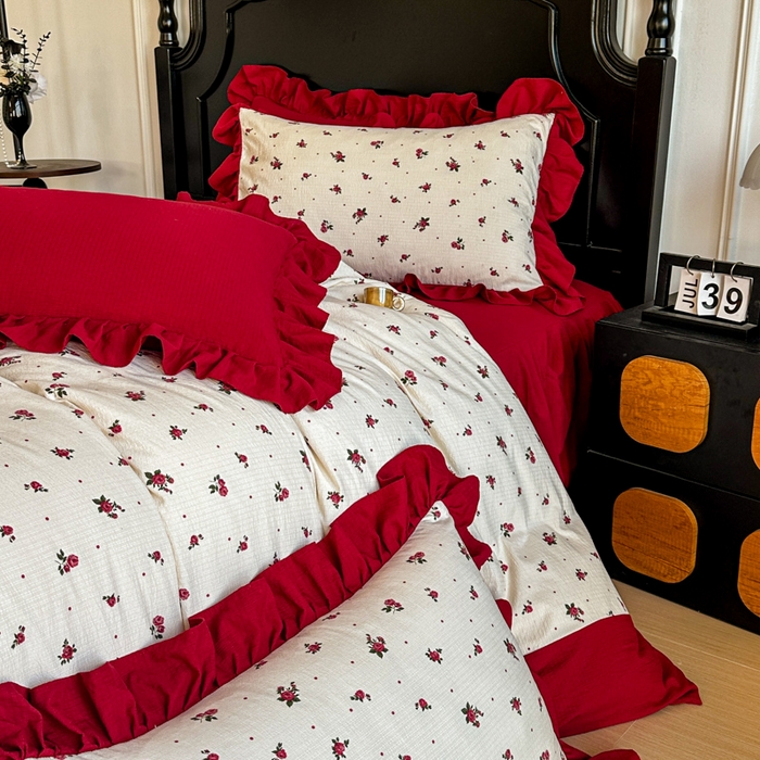 91家纺网 家纺一手货源 找家纺 贝凯瑞 2026仿棉皱皱纱双层纱木棉仿棉水洗棉喜庆浪漫大红四件套-锦绣 锦绣良缘