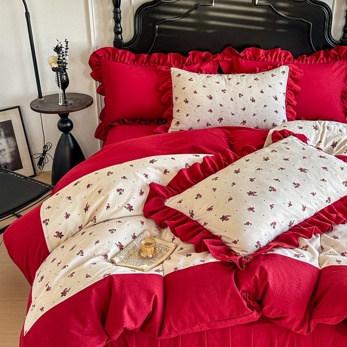 91家纺网 家纺一手货源 找家纺 贝凯瑞 2026仿棉皱皱纱双层纱木棉仿棉水洗棉喜庆浪漫大红四件套-锦绣 锦绣良缘