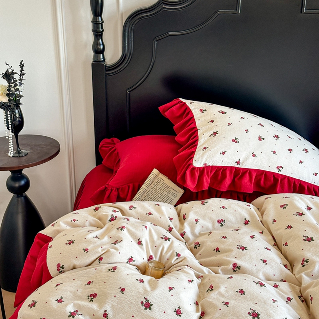 91家纺网 家纺一手货源 找家纺 贝凯瑞 2026仿棉皱皱纱双层纱木棉仿棉水洗棉喜庆浪漫大红四件套-锦绣 锦绣良缘