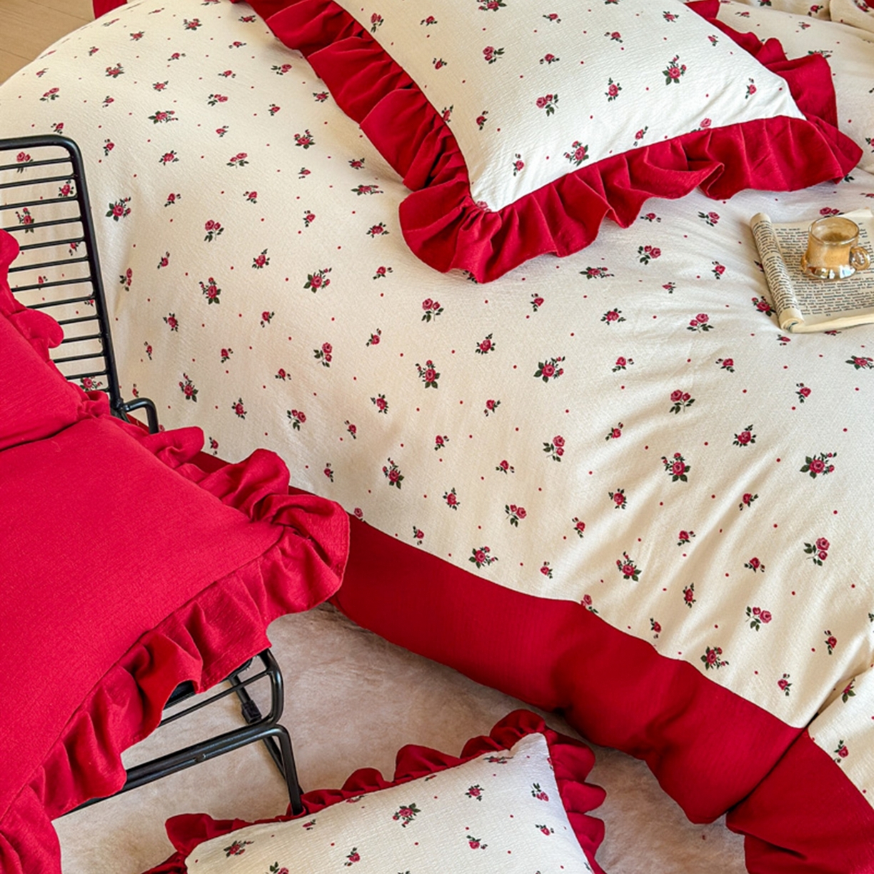 91家纺网 家纺一手货源 找家纺 贝凯瑞 2026仿棉皱皱纱双层纱木棉仿棉水洗棉喜庆浪漫大红四件套-锦绣 锦绣良缘