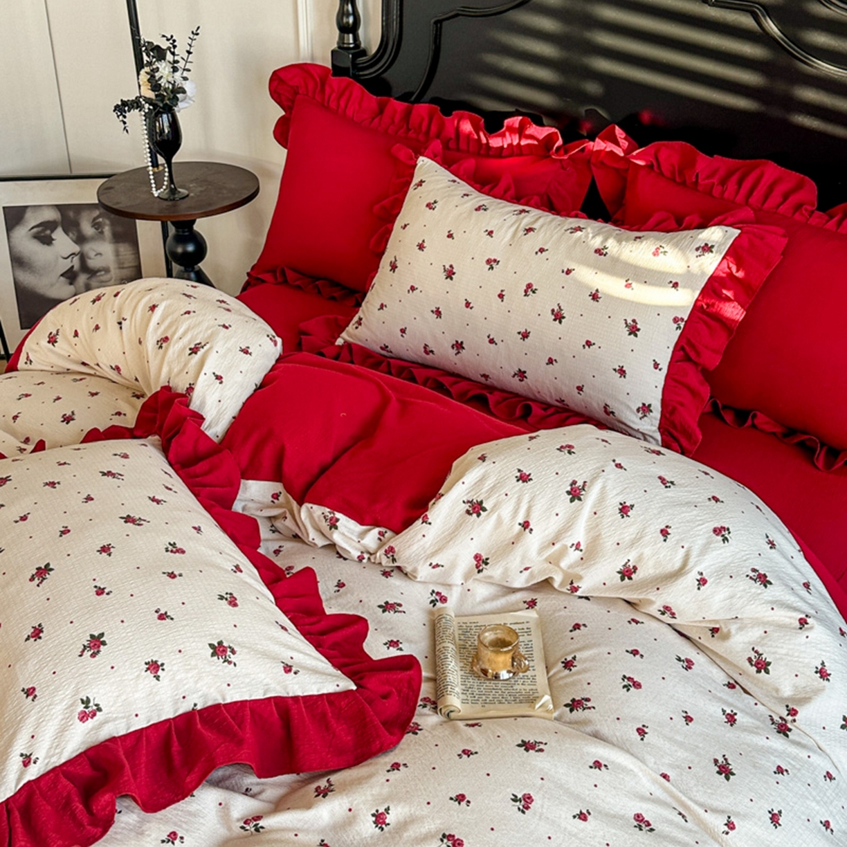 91家纺网 家纺一手货源 找家纺 贝凯瑞 2026仿棉皱皱纱双层纱木棉仿棉水洗棉喜庆浪漫大红四件套-锦绣 锦绣良缘