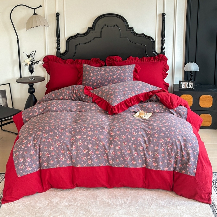 91家纺网 家纺一手货源 找家纺 贝凯瑞 2026仿棉皱皱纱双层纱木棉仿棉水洗棉喜庆浪漫大红四件套-锦绣 锦绣年华