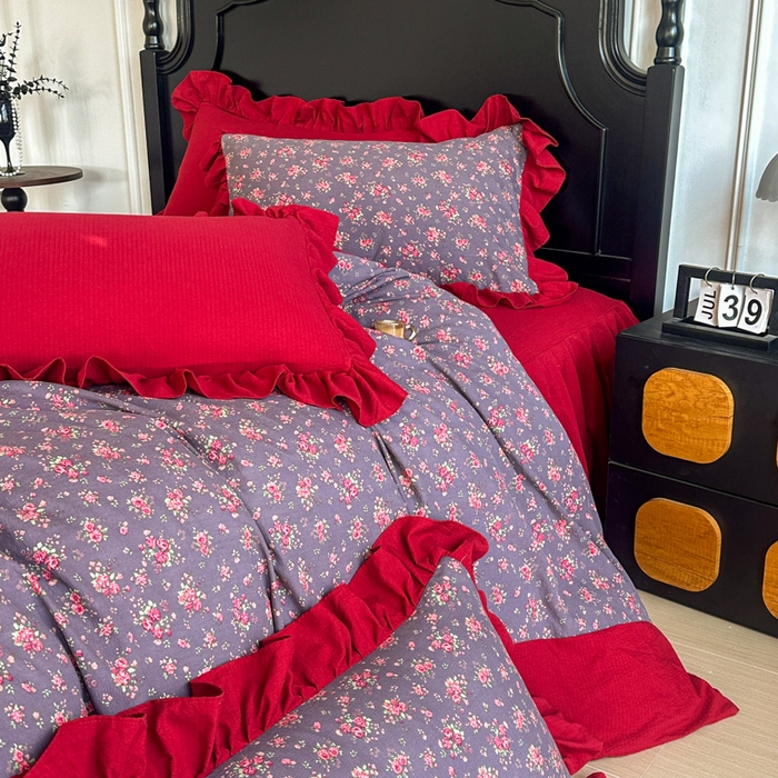 91家纺网 家纺一手货源 找家纺 贝凯瑞 2026仿棉皱皱纱双层纱木棉仿棉水洗棉喜庆浪漫大红四件套-锦绣 锦绣年华