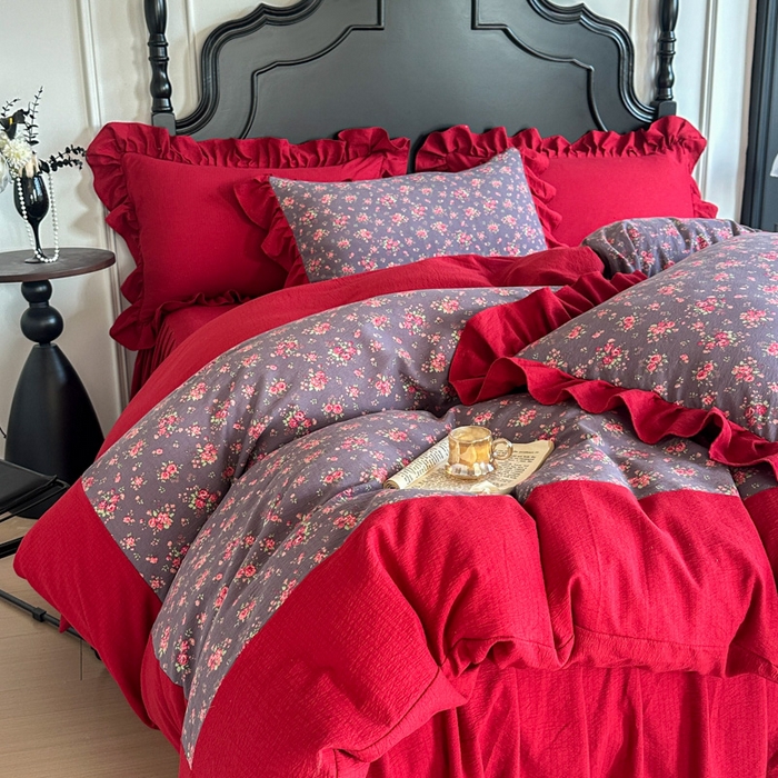 91家纺网 家纺一手货源 找家纺 贝凯瑞 2026仿棉皱皱纱双层纱木棉仿棉水洗棉喜庆浪漫大红四件套-锦绣 锦绣年华