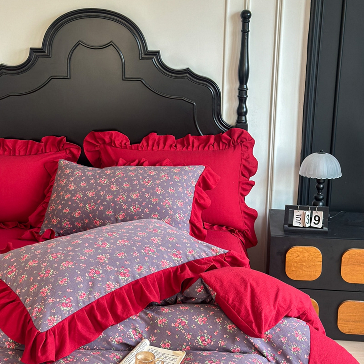 91家纺网 家纺一手货源 找家纺 贝凯瑞 2026仿棉皱皱纱双层纱木棉仿棉水洗棉喜庆浪漫大红四件套-锦绣 锦绣年华