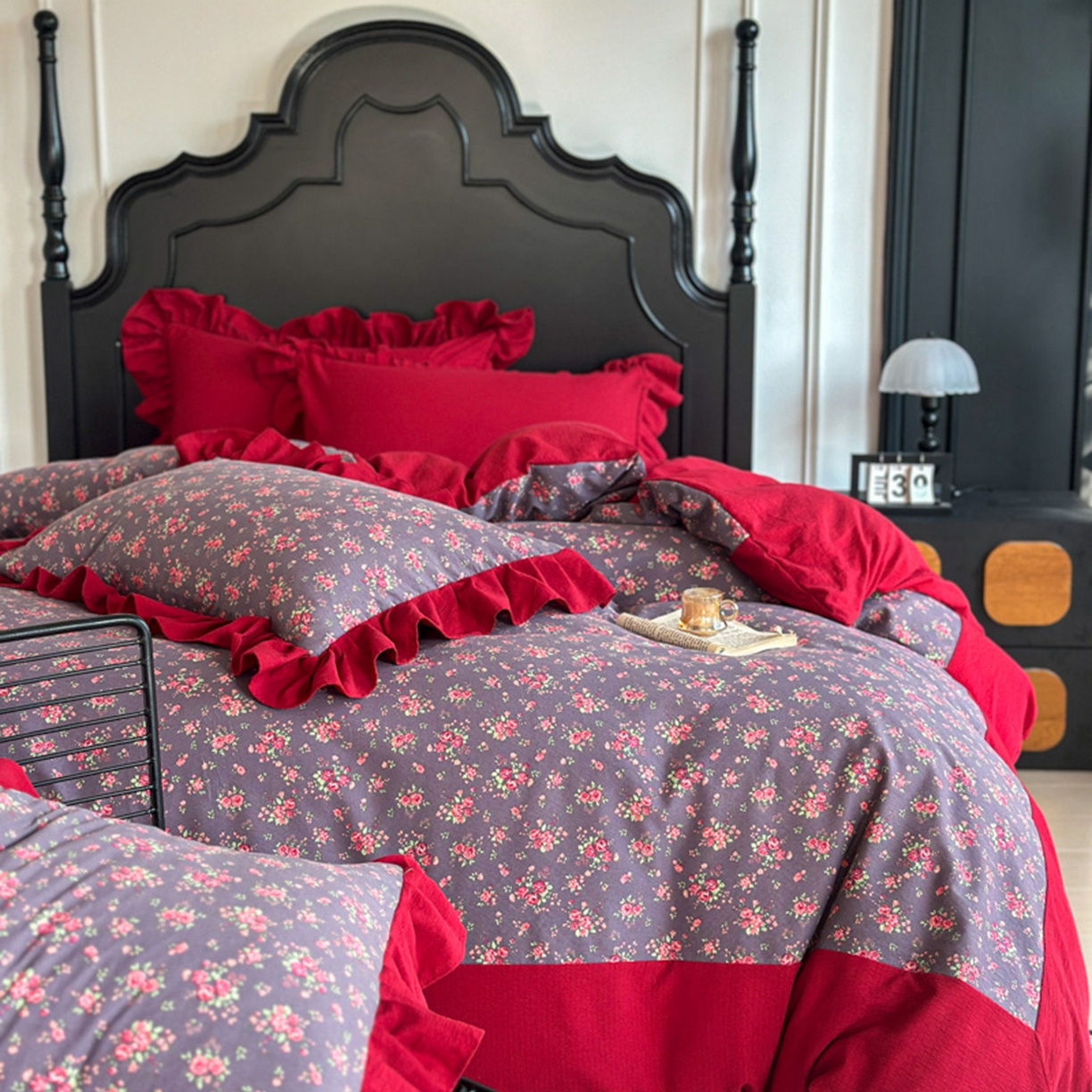 91家纺网 家纺一手货源 找家纺 贝凯瑞 2026仿棉皱皱纱双层纱木棉仿棉水洗棉喜庆浪漫大红四件套-锦绣 锦绣年华