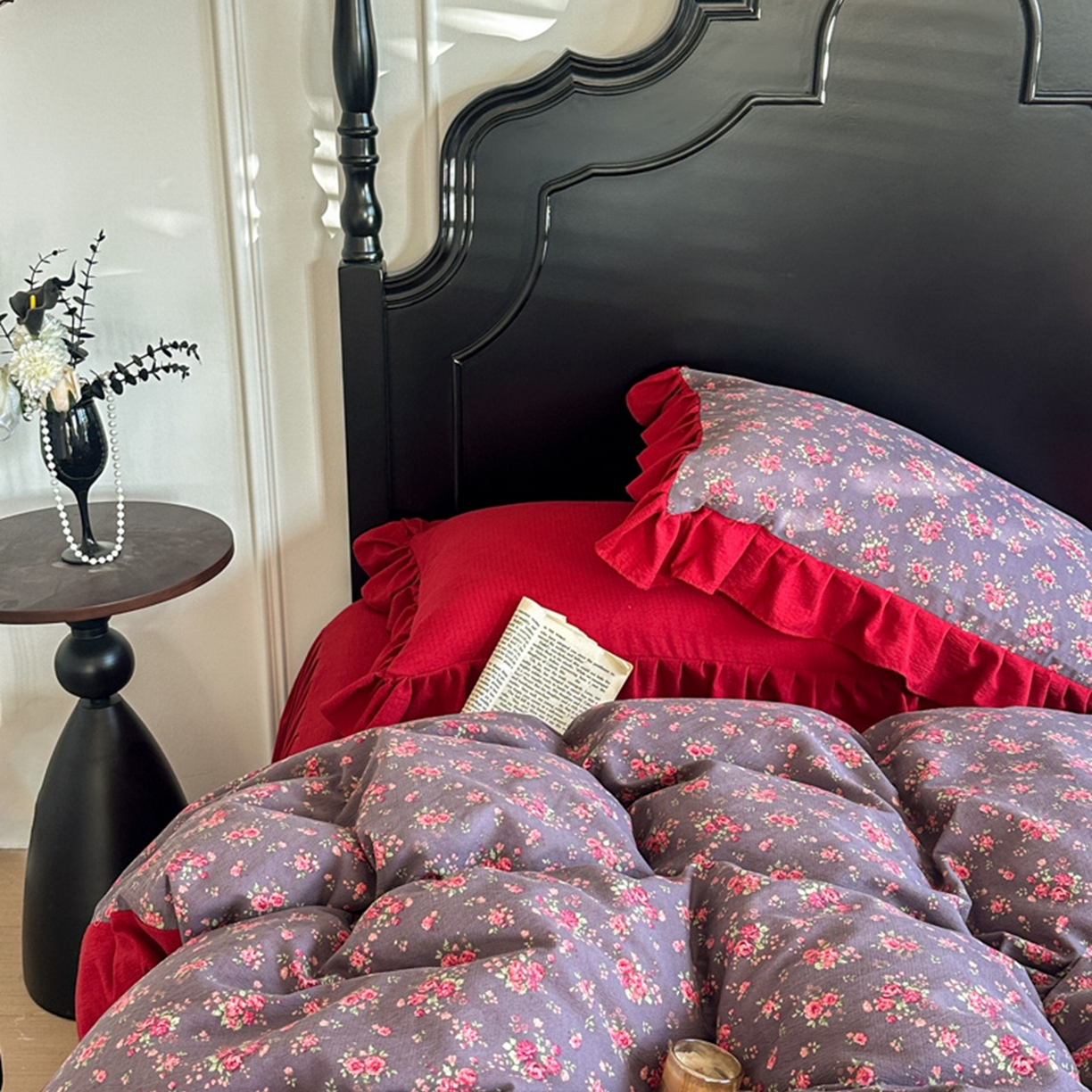 91家纺网 家纺一手货源 找家纺 贝凯瑞 2026仿棉皱皱纱双层纱木棉仿棉水洗棉喜庆浪漫大红四件套-锦绣 锦绣年华