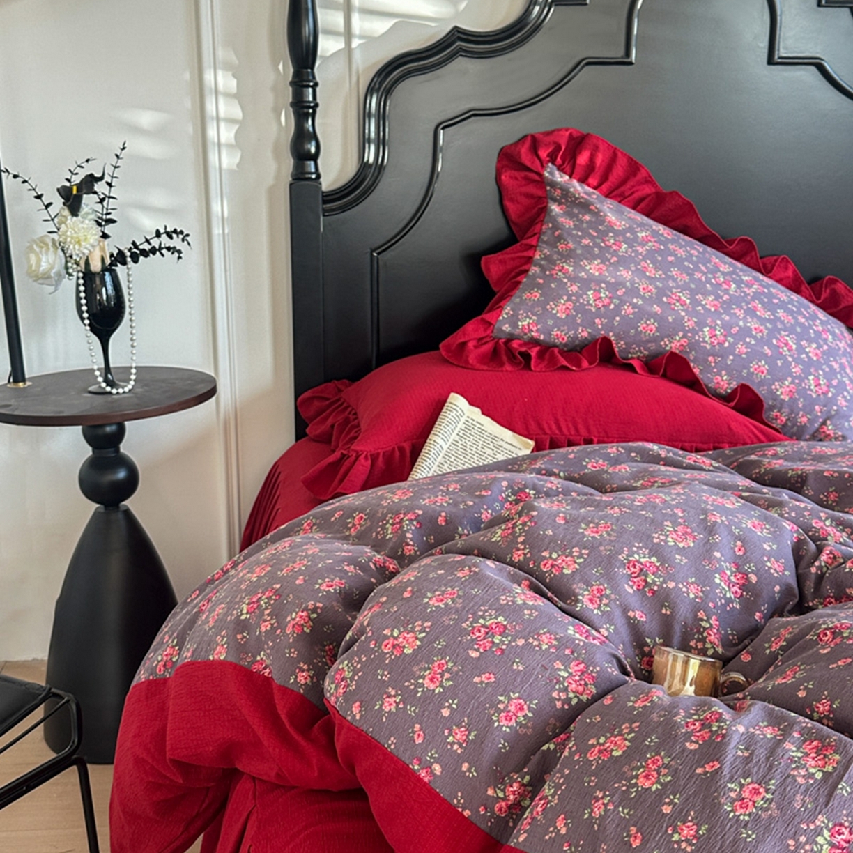 91家纺网 家纺一手货源 找家纺 贝凯瑞 2026仿棉皱皱纱双层纱木棉仿棉水洗棉喜庆浪漫大红四件套-锦绣 锦绣年华