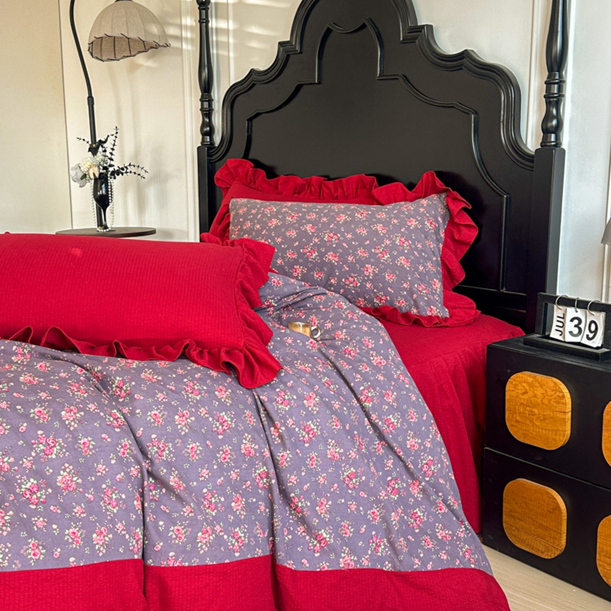 91家纺网 家纺一手货源 找家纺 贝凯瑞 2026仿棉皱皱纱双层纱木棉仿棉水洗棉喜庆浪漫大红四件套-锦绣 锦绣年华