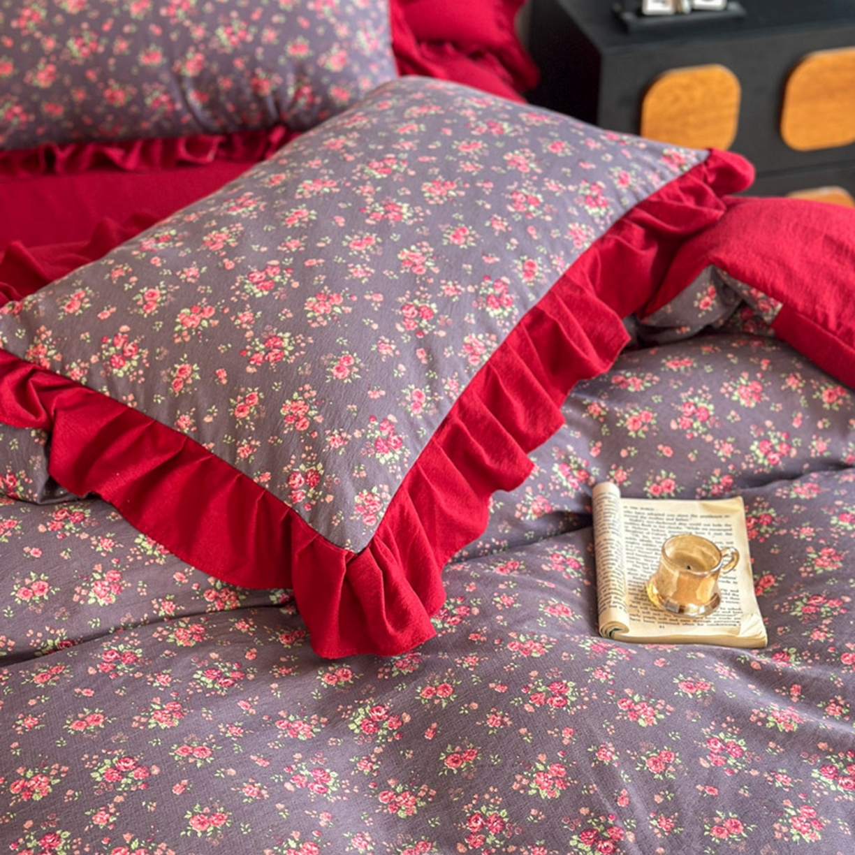 91家纺网 家纺一手货源 找家纺 贝凯瑞 2026仿棉皱皱纱双层纱木棉仿棉水洗棉喜庆浪漫大红四件套-锦绣 锦绣年华