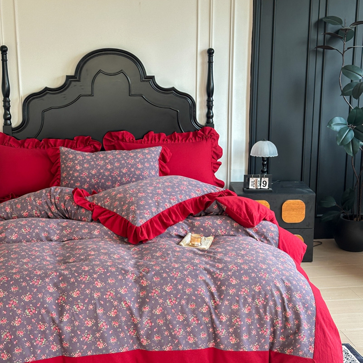 91家纺网 家纺一手货源 找家纺 贝凯瑞 2026仿棉皱皱纱双层纱木棉仿棉水洗棉喜庆浪漫大红四件套-锦绣 锦绣年华