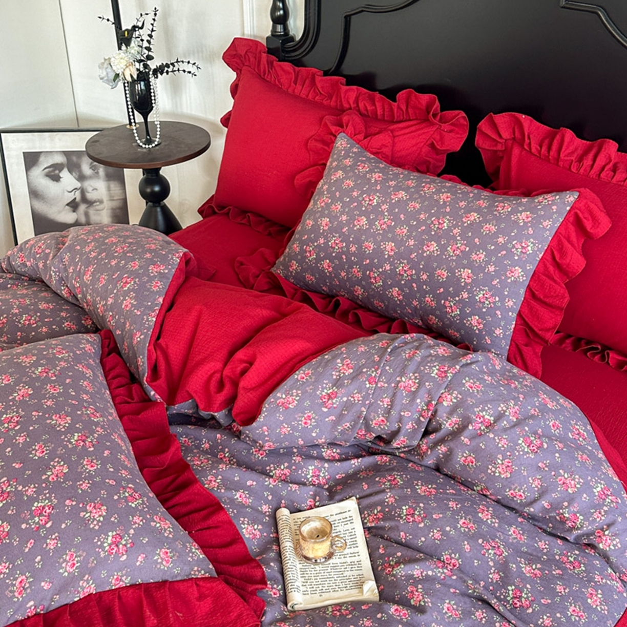 91家纺网 家纺一手货源 找家纺 贝凯瑞 2026仿棉皱皱纱双层纱木棉仿棉水洗棉喜庆浪漫大红四件套-锦绣 锦绣年华