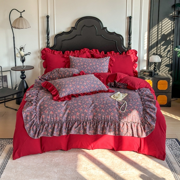 91家纺网 家纺一手货源 找家纺 （总）贝凯瑞 2026仿棉皱皱纱双层纱木棉仿棉水洗棉喜庆浪漫大红四件套-盛世