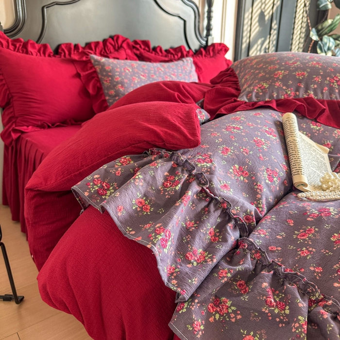 91家纺网 家纺一手货源 找家纺 （总）贝凯瑞 2026仿棉皱皱纱双层纱木棉仿棉水洗棉喜庆浪漫大红四件套-盛世