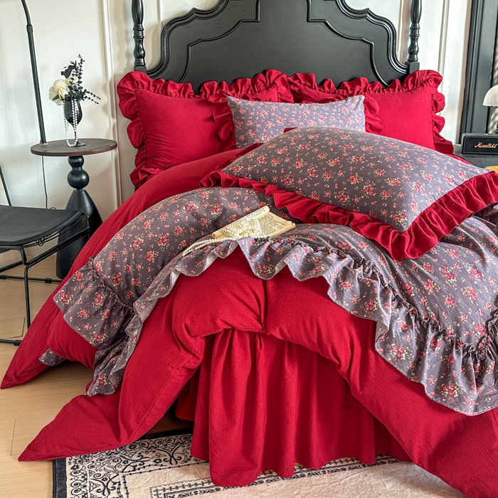 91家纺网 家纺一手货源 找家纺 （总）贝凯瑞 2026仿棉皱皱纱双层纱木棉仿棉水洗棉喜庆浪漫大红四件套-盛世