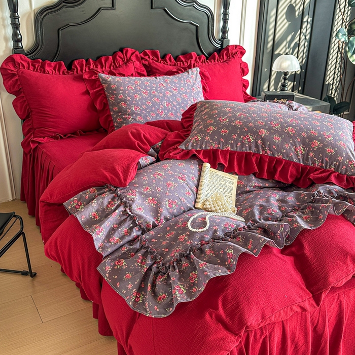 91家纺网 家纺一手货源 找家纺 （总）贝凯瑞 2026仿棉皱皱纱双层纱木棉仿棉水洗棉喜庆浪漫大红四件套-盛世