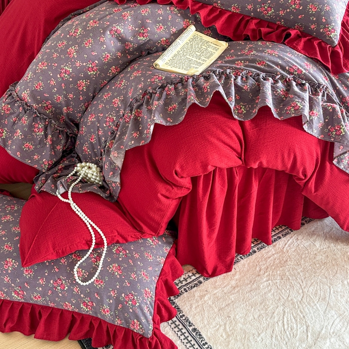 91家纺网 家纺一手货源 找家纺 （总）贝凯瑞 2026仿棉皱皱纱双层纱木棉仿棉水洗棉喜庆浪漫大红四件套-盛世