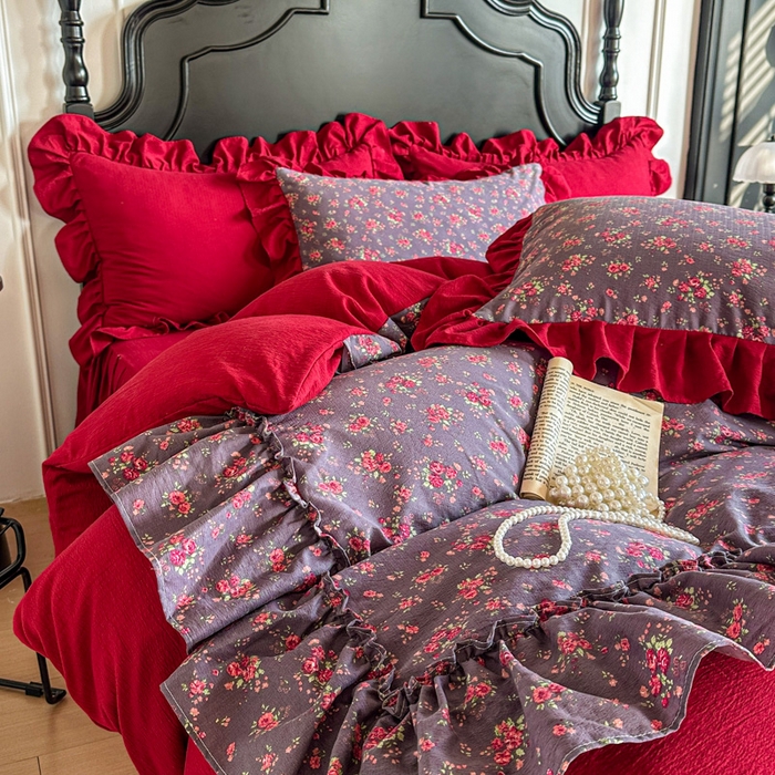 91家纺网 家纺一手货源 找家纺 （总）贝凯瑞 2026款仿棉木棉水洗棉绣花ins小清新床裙床单款四件套-星月语