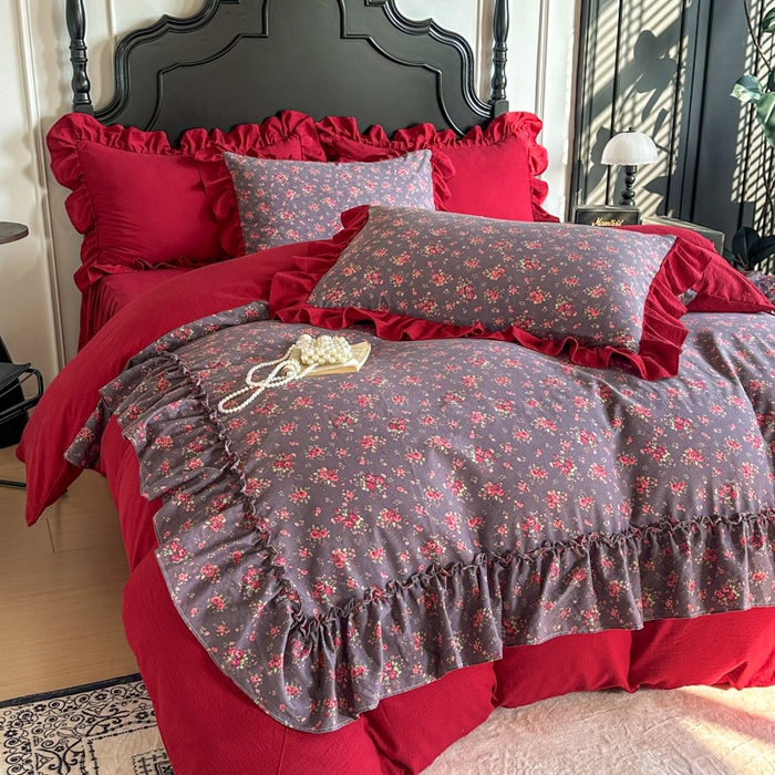 91家纺网 家纺一手货源 找家纺 贝凯瑞 2026仿棉皱皱纱双层纱木棉仿棉水洗棉喜庆浪漫大红四件套-盛世 盛世赤霞