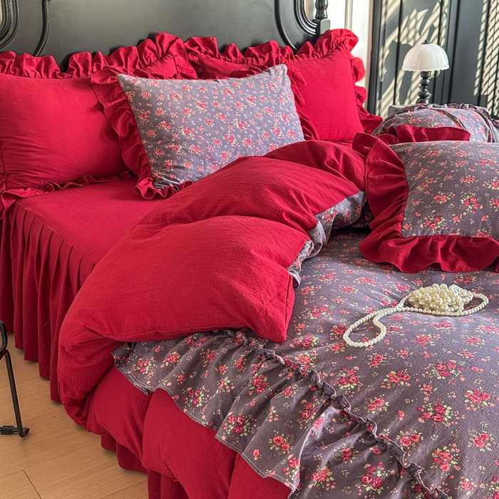 91家纺网 家纺一手货源 找家纺 贝凯瑞 2026仿棉皱皱纱双层纱木棉仿棉水洗棉喜庆浪漫大红四件套-盛世 盛世赤霞