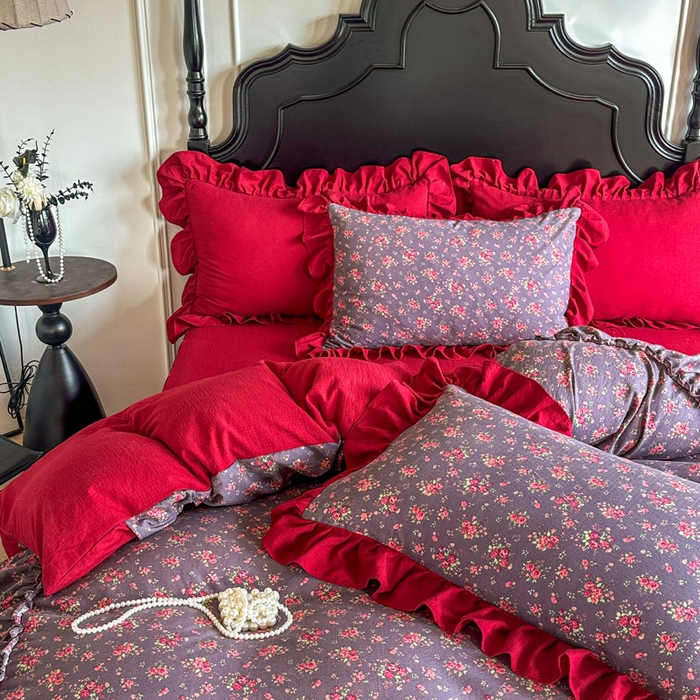 91家纺网 家纺一手货源 找家纺 贝凯瑞 2026仿棉皱皱纱双层纱木棉仿棉水洗棉喜庆浪漫大红四件套-盛世 盛世赤霞