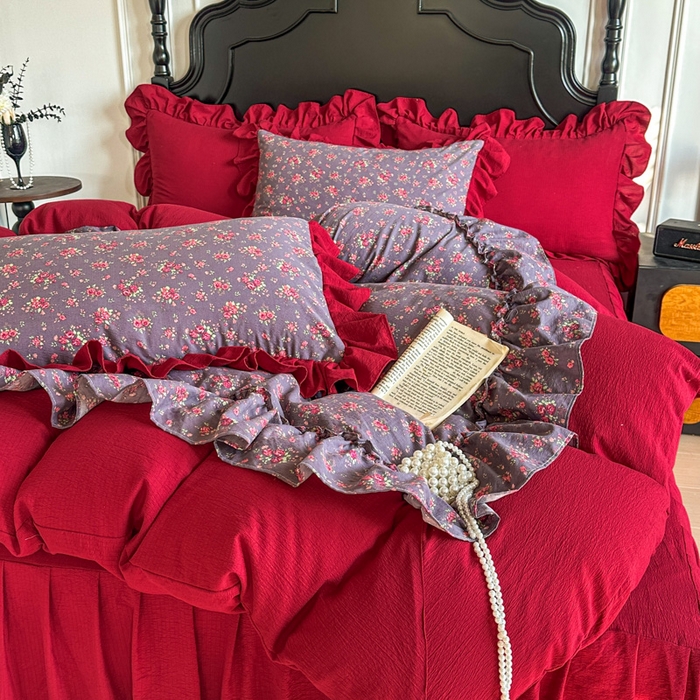 91家纺网 家纺一手货源 找家纺 贝凯瑞 2026仿棉皱皱纱双层纱木棉仿棉水洗棉喜庆浪漫大红四件套-盛世 盛世赤霞