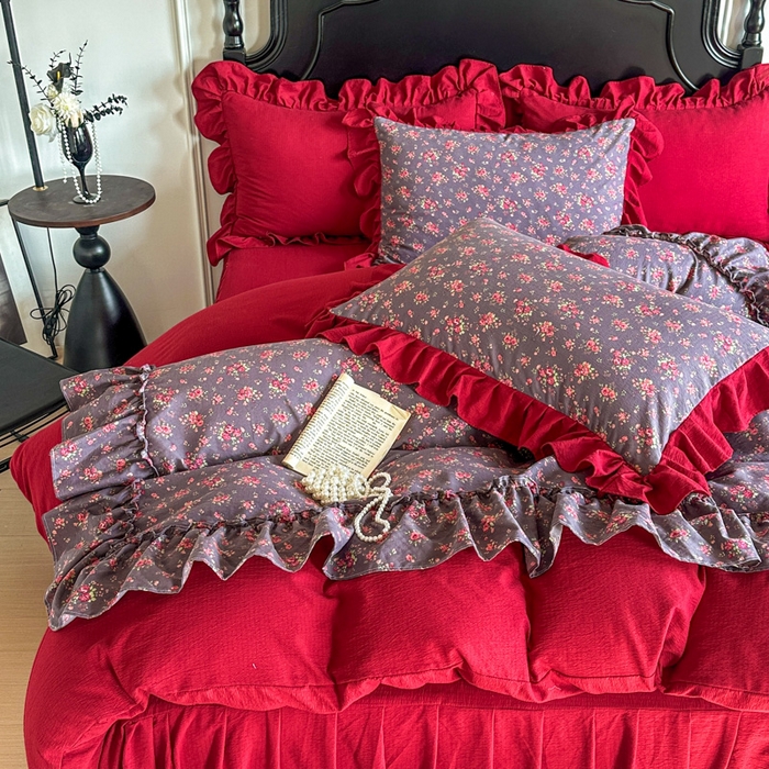 91家纺网 家纺一手货源 找家纺 贝凯瑞 2026仿棉皱皱纱双层纱木棉仿棉水洗棉喜庆浪漫大红四件套-盛世 盛世赤霞