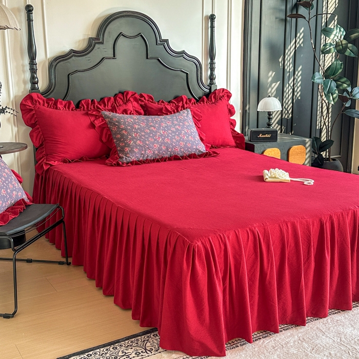 91家纺网 家纺一手货源 找家纺 贝凯瑞 2026仿棉皱皱纱双层纱木棉仿棉水洗棉喜庆浪漫大红四件套-盛世 盛世赤霞