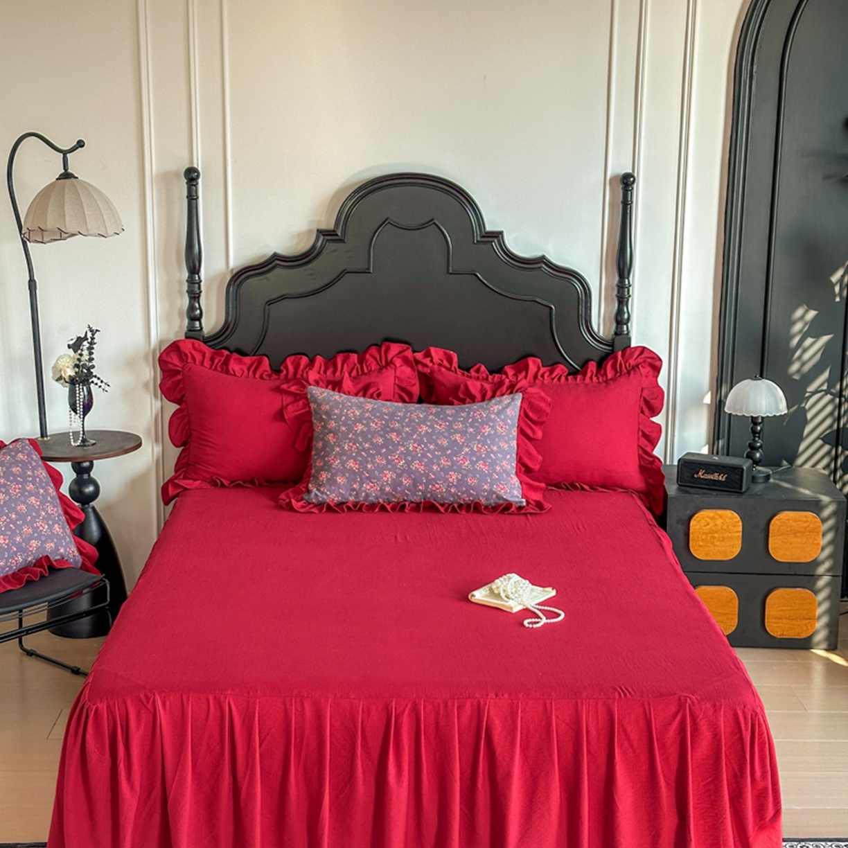 91家纺网 家纺一手货源 找家纺 贝凯瑞 2026仿棉皱皱纱双层纱木棉仿棉水洗棉喜庆浪漫大红四件套-盛世 盛世赤霞