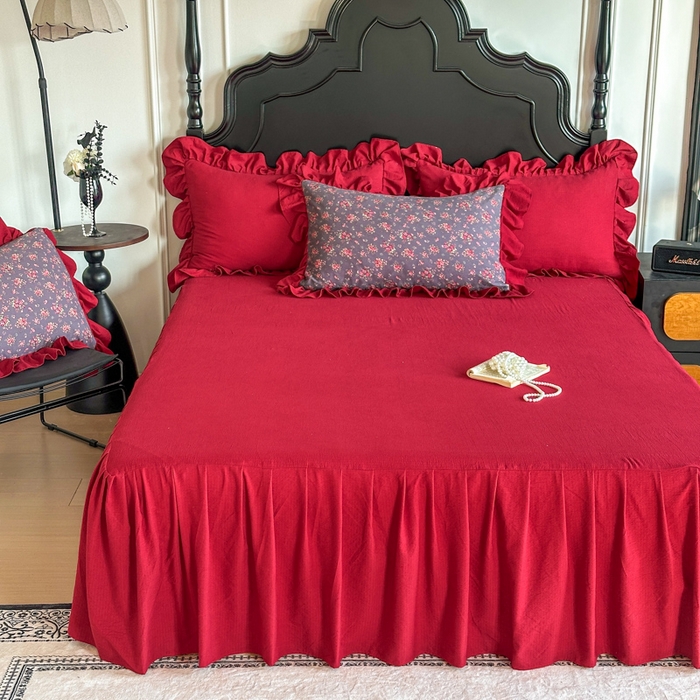 91家纺网 家纺一手货源 找家纺 贝凯瑞 2026仿棉皱皱纱双层纱木棉仿棉水洗棉喜庆浪漫大红四件套-盛世 盛世赤霞