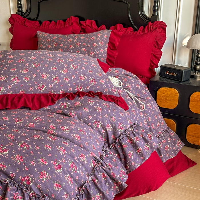 91家纺网 家纺一手货源 找家纺 贝凯瑞 2026仿棉皱皱纱双层纱木棉仿棉水洗棉喜庆浪漫大红四件套-盛世 盛世赤霞