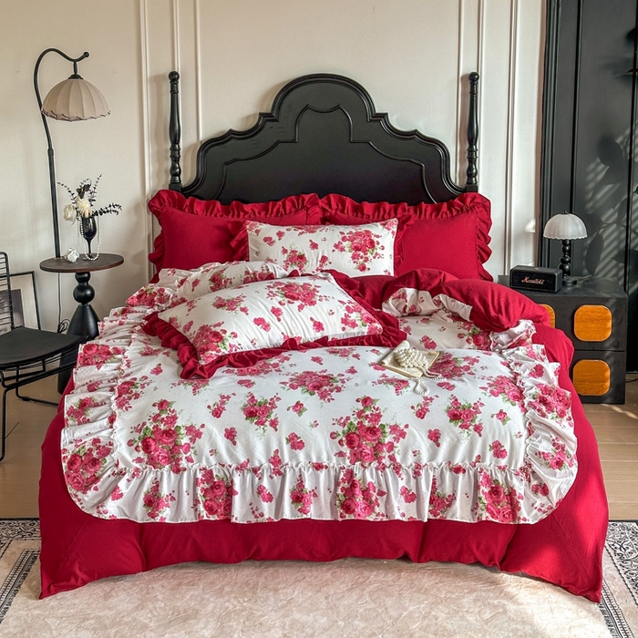 91家纺网 家纺一手货源 找家纺 贝凯瑞 2026仿棉皱皱纱双层纱木棉仿棉水洗棉喜庆浪漫大红四件套-盛世 盛世红菱