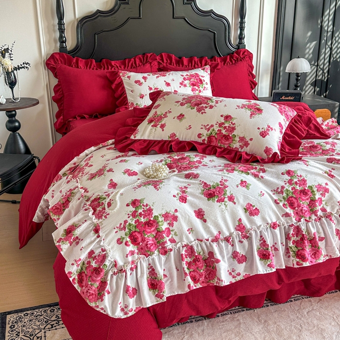 91家纺网 家纺一手货源 找家纺 贝凯瑞 2026仿棉皱皱纱双层纱木棉仿棉水洗棉喜庆浪漫大红四件套-盛世 盛世红菱