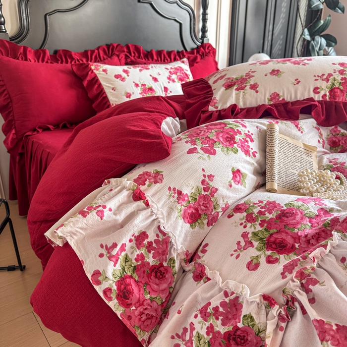 91家纺网 家纺一手货源 找家纺 贝凯瑞 2026仿棉皱皱纱双层纱木棉仿棉水洗棉喜庆浪漫大红四件套-盛世 盛世红菱