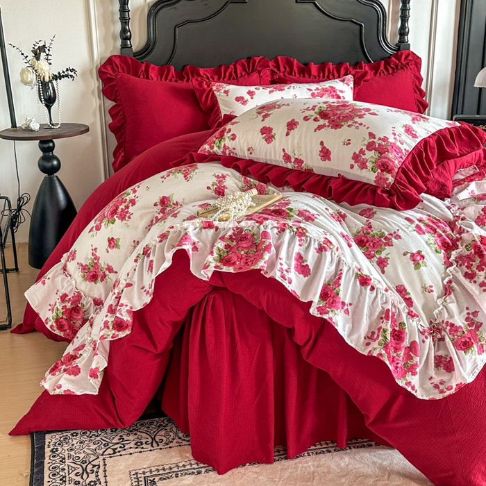 91家纺网 家纺一手货源 找家纺 贝凯瑞 2026仿棉皱皱纱双层纱木棉仿棉水洗棉喜庆浪漫大红四件套-盛世 盛世红菱