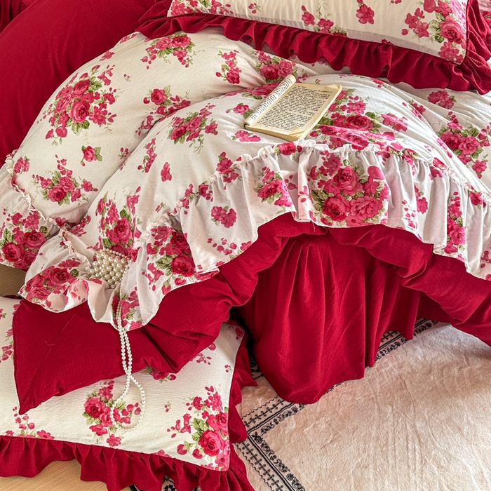 91家纺网 家纺一手货源 找家纺 贝凯瑞 2026仿棉皱皱纱双层纱木棉仿棉水洗棉喜庆浪漫大红四件套-盛世 盛世红菱