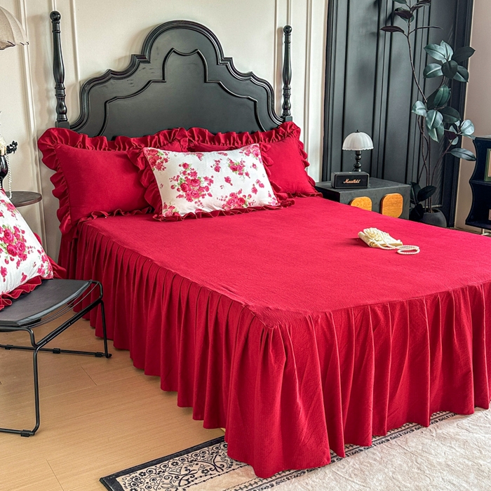 91家纺网 家纺一手货源 找家纺 贝凯瑞 2026仿棉皱皱纱双层纱木棉仿棉水洗棉喜庆浪漫大红四件套-盛世 盛世红菱