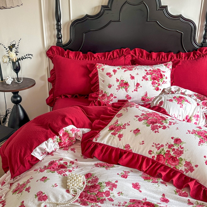 91家纺网 家纺一手货源 找家纺 贝凯瑞 2026仿棉皱皱纱双层纱木棉仿棉水洗棉喜庆浪漫大红四件套-盛世 盛世红菱