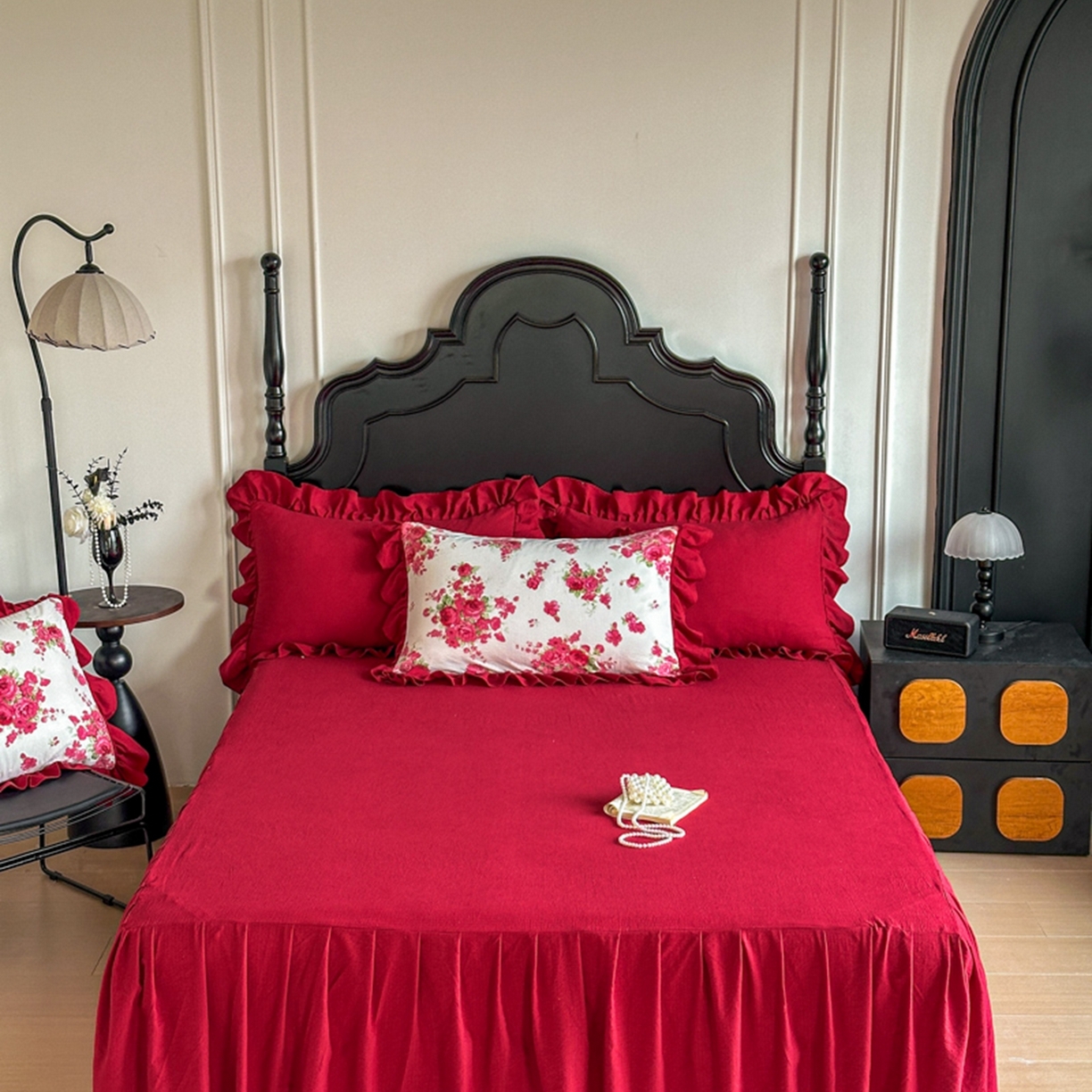 91家纺网 家纺一手货源 找家纺 贝凯瑞 2026仿棉皱皱纱双层纱木棉仿棉水洗棉喜庆浪漫大红四件套-盛世 盛世红菱